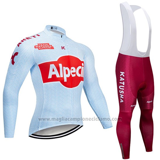 2019 Abbigliamento Ciclismo Katusha Alpecin Chiaro Blu Rosso Manica Lunga e Salopette